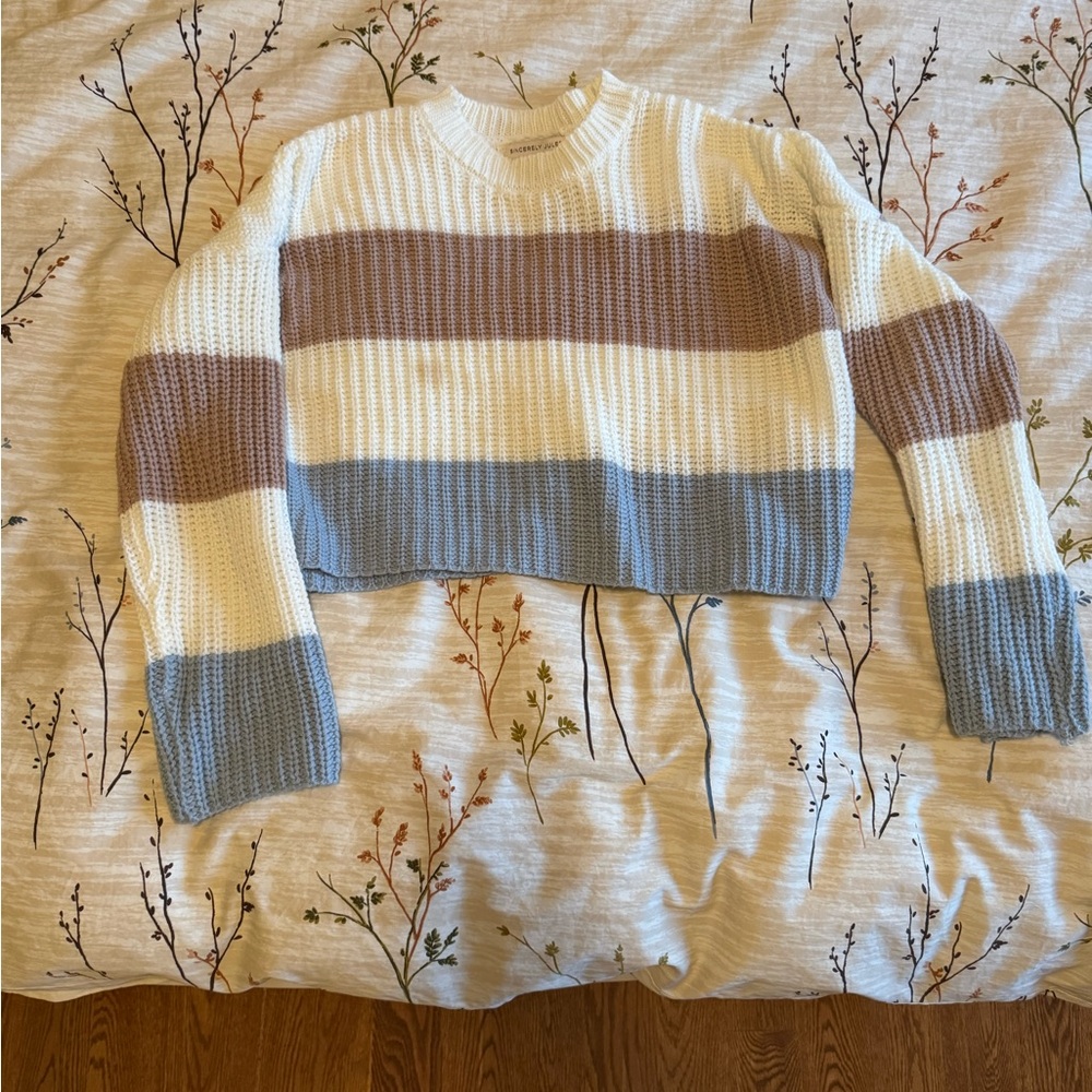 Sincerely Jules Cream, Brown, and Blue Striped Sweater